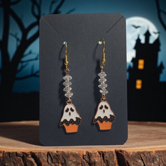 Halloween Ghost Earrings Handmade By Donovan 2.5" Dangle Design Crystal Accents - Picture 1 of 5
